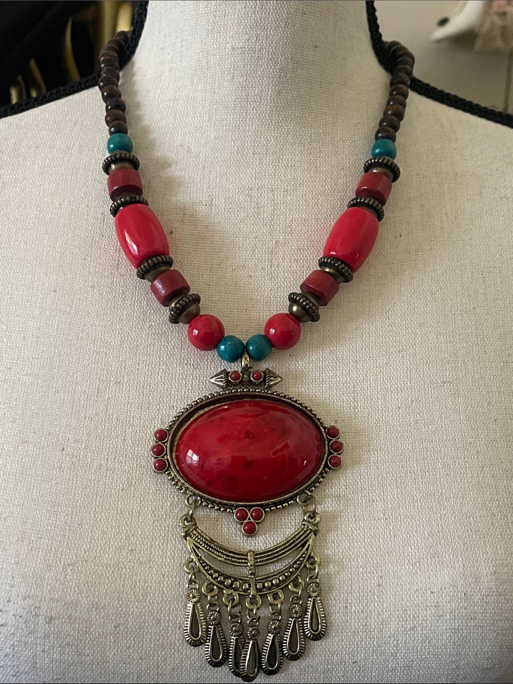 Bohemian Red and Turquoise Statement Pendant Necklace